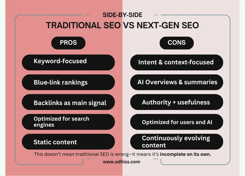 Comparison of traditional SEO and next-gen SEO strategies in 2026