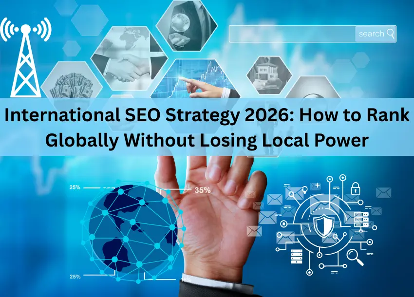 International SEO strategy 2026 illustration showing global website rankings, multilingual SEO, hreflang implementation, and worldwide search visibility across USA, UK, Europe, and China